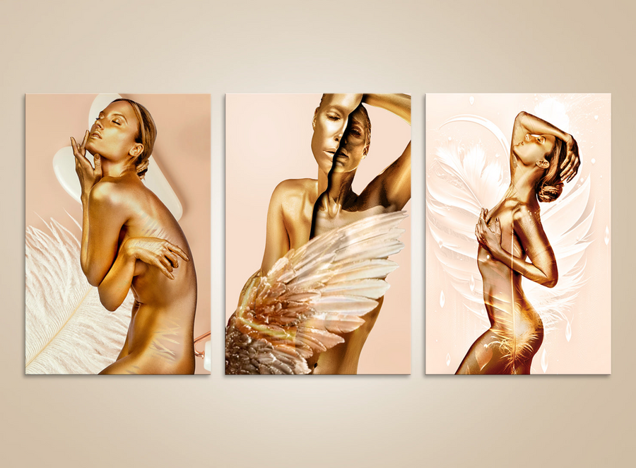 Golden nude woman with angel wings and feathers – erotic fine art triptych for luxury wall decor