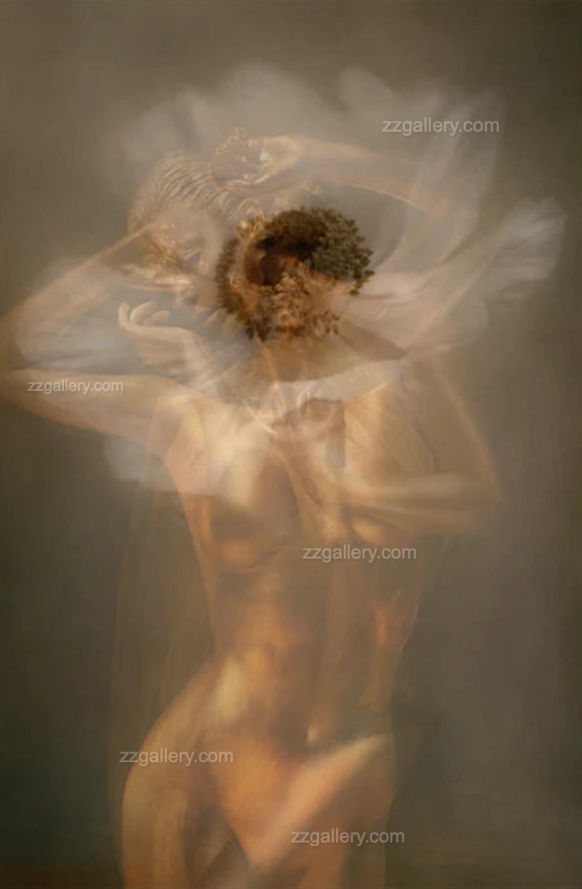 Golden ethereal nude figure dissolving into soft white light, blending human form with abstract spiritual energy in a surreal fine art composition.