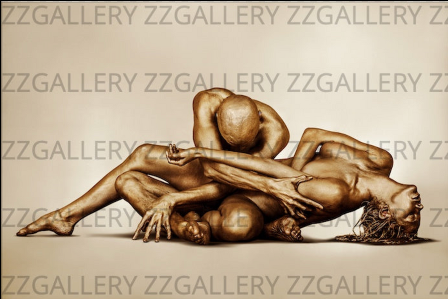 Diptych of two golden-painted nude bodies intertwined in intimate sculptural poses, fine art photography for luxury and romantic interiors.