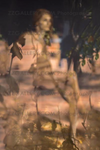 Golden-painted nude female seen through leaves in soft reflection, blending body and nature in luxury fine art photography for hotels, spas, and collectors.