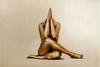 Golden nude female prayer pose wall art print, luxury gold fine art photography for wellness, yoga, and interior design.
