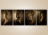 Golden nude female quartet wall art – fine art photography with gold-painted bodies in luxury artistic portraits for collectors and interiors.