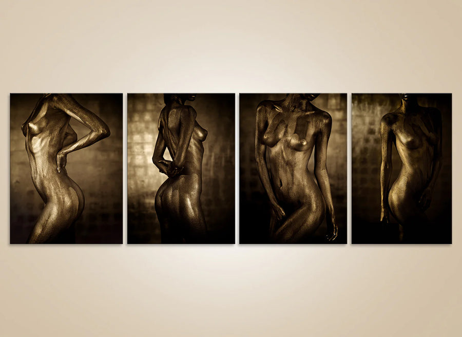 Golden nude female quartet wall art – fine art photography with gold-painted bodies in luxury artistic portraits for collectors and interiors.
