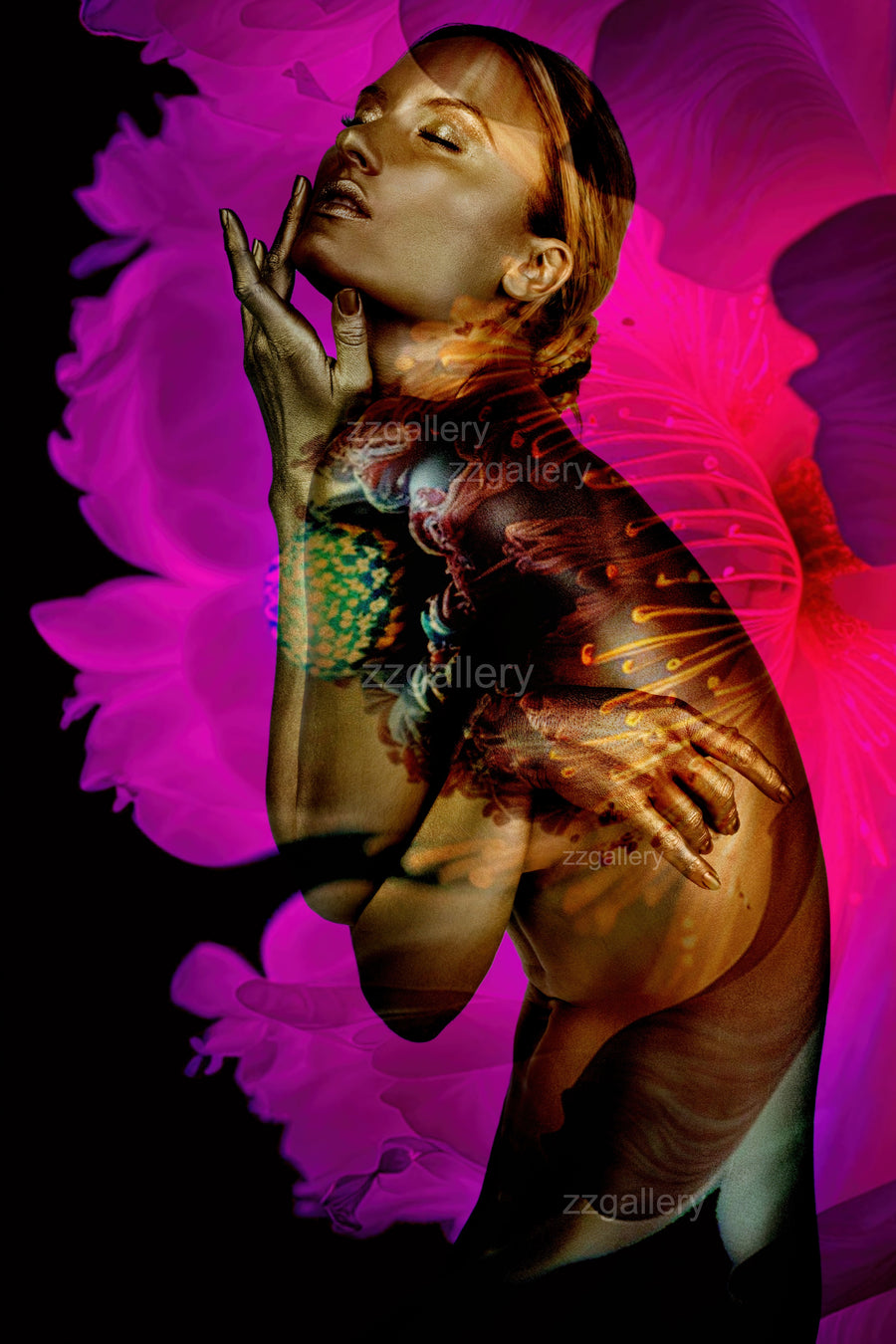 Framed surreal fine art photograph of a golden-painted nude woman with vivid pink floral overlays, displayed in a modern interior with blue walls and chair.