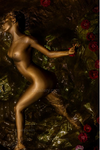 Golden-painted nude woman emerging gracefully from shimmering water, surrounded by vibrant red roses. Fine art nude photography capturing sensuality, rebirth, and feminine power, ideal for luxury interiors, spas, and contemporary art collectors.