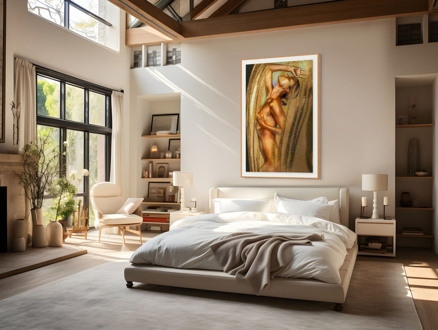 Large golden nude female art print hanging above a modern white bed in a bright, elegant bedroom with natural light and minimalist design.