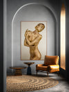 Contemporary interior with a large framed golden female nude by Zack Zublena — luxury fine art photography blending minimalism and radiant body art.