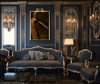 Golden nude feminine wall art displayed in a luxurious dark blue and gold living room with velvet seating and ornate classical decor.