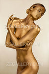 Golden nude feminine portrait with closed eyes and graceful pose