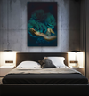 Golden nude woman reclining peacefully amidst ethereal blue roses in a dreamlike fine art composition.