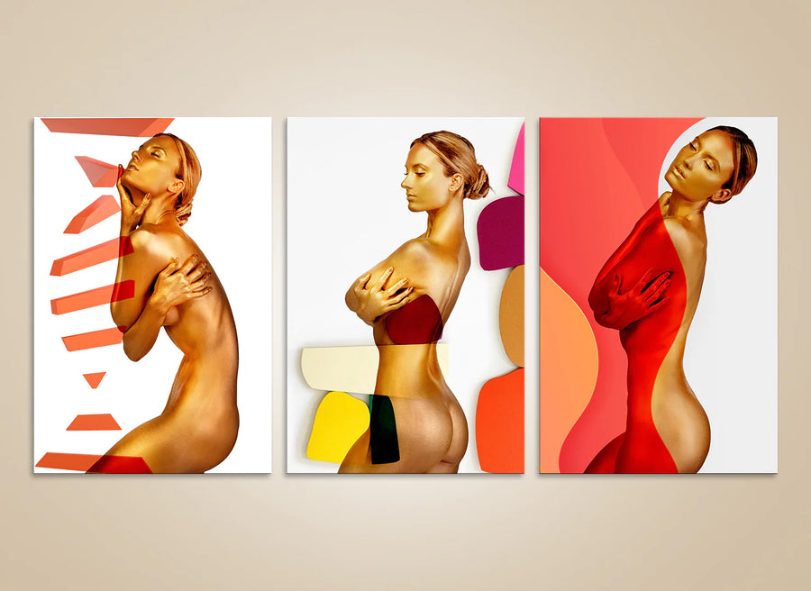 Golden nude goddess triptych with vibrant abstract patterns, luxury fine art wall decor for modern interiors