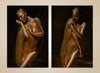 Golden nude goddess fine art photography diptych – luxury gold-painted female wrapped in sheer veil wall art