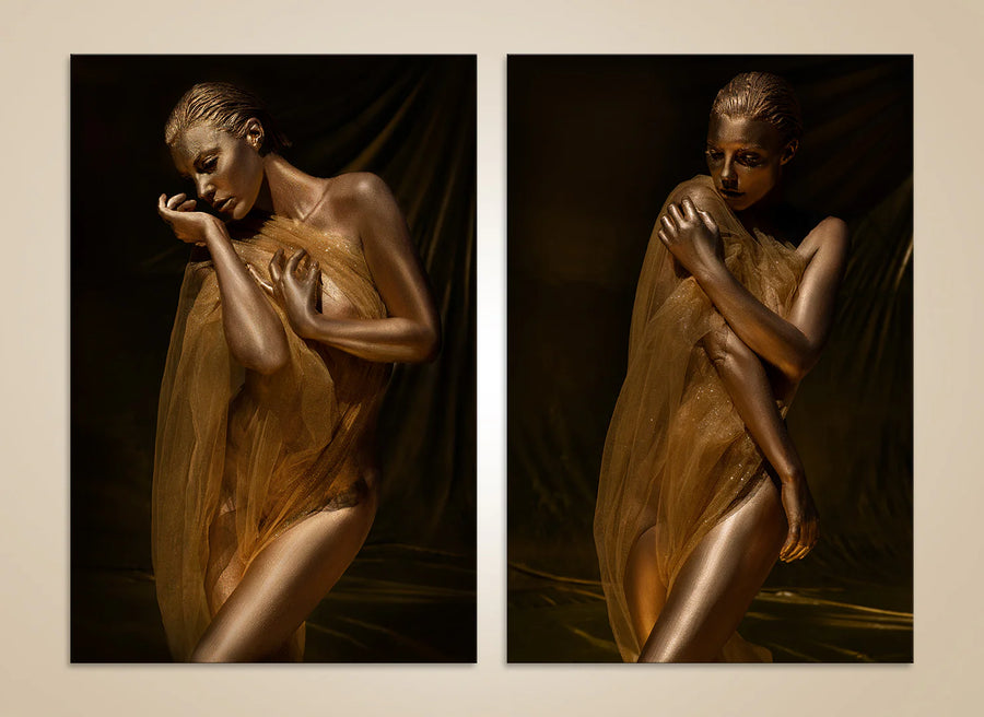 Golden nude goddess fine art photography diptych – luxury gold-painted female wrapped in sheer veil wall art