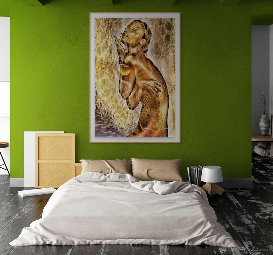 Golden-painted nude female artwork with leopard skin patterns and mystical textures, displayed above a low bed in a modern bedroom with green walls.