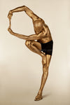 Golden nude male performing a one-legged balance pose, evoking grace, flexibility, and sacred strength