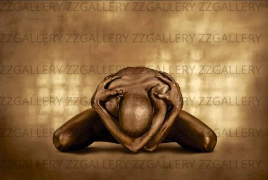 Golden nude male figure folded forward in emotional surrender, gripping head – sculptural fine art wall photography