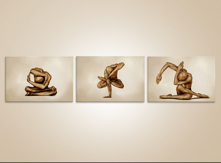 Golden male nude triptych in yoga poses, erotic fine art photography for gay collectors and luxury interior design