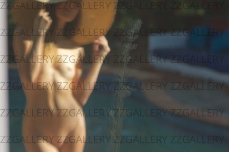 Golden nude abstract photography near a pool, feminine fine art reflection with golden tones, luxury wall decor for spas, hotels, and collectors.