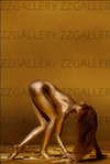 Golden nude woman bending gracefully with long red hair, luxury fine art photography in golden tones for interior design, spa, and hotel wall decor