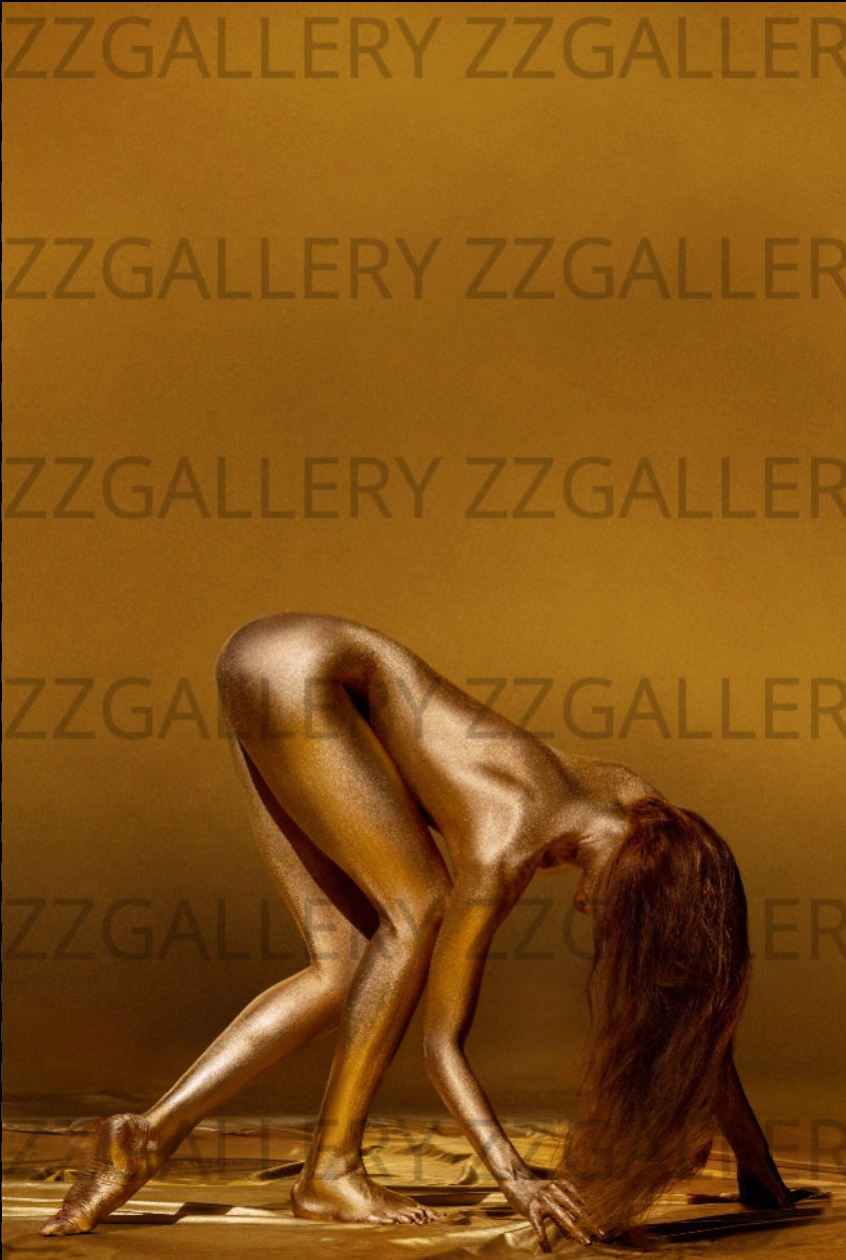 Golden nude woman in yoga-like sculptural pose with long hair, luxury fine art photography for wellness, hotel, and interior design wall decor