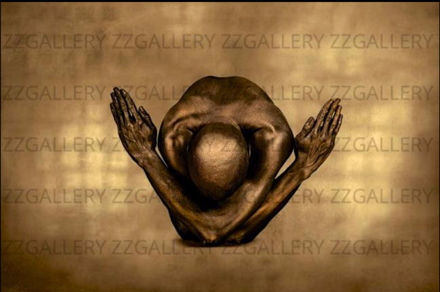 Golden nude male in a sacred bow pose with arms crossed in reverence, embodying strength and humility.