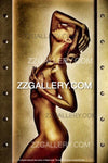 Golden nude fine art wall photography in a metallic vault frame. Sensual and luxurious golden body artwork, perfect for collectors and high-end interiors.