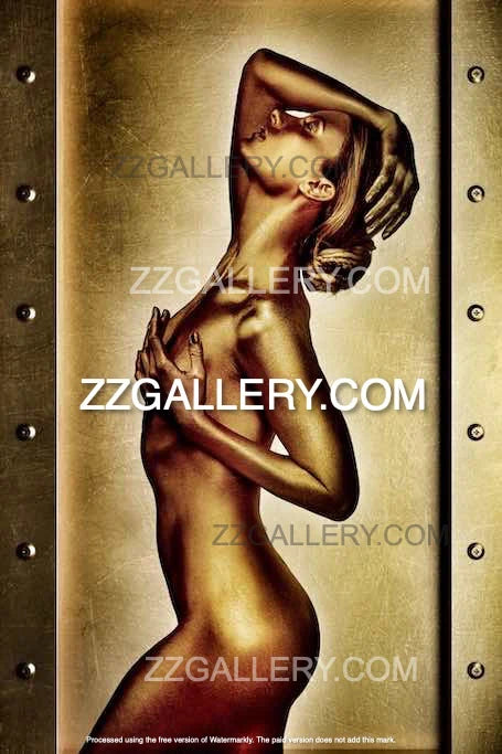 Golden nude fine art wall photography in a metallic vault frame. Sensual and luxurious golden body artwork, perfect for collectors and high-end interiors.