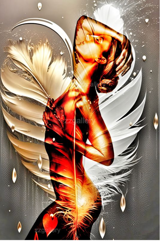 Golden-painted nude woman in graceful silhouette, overlaid with radiant angel feathers and surreal fiery tones, symbolizing ascension, purity, and divine energy in fine art photography by Zack Zublena.