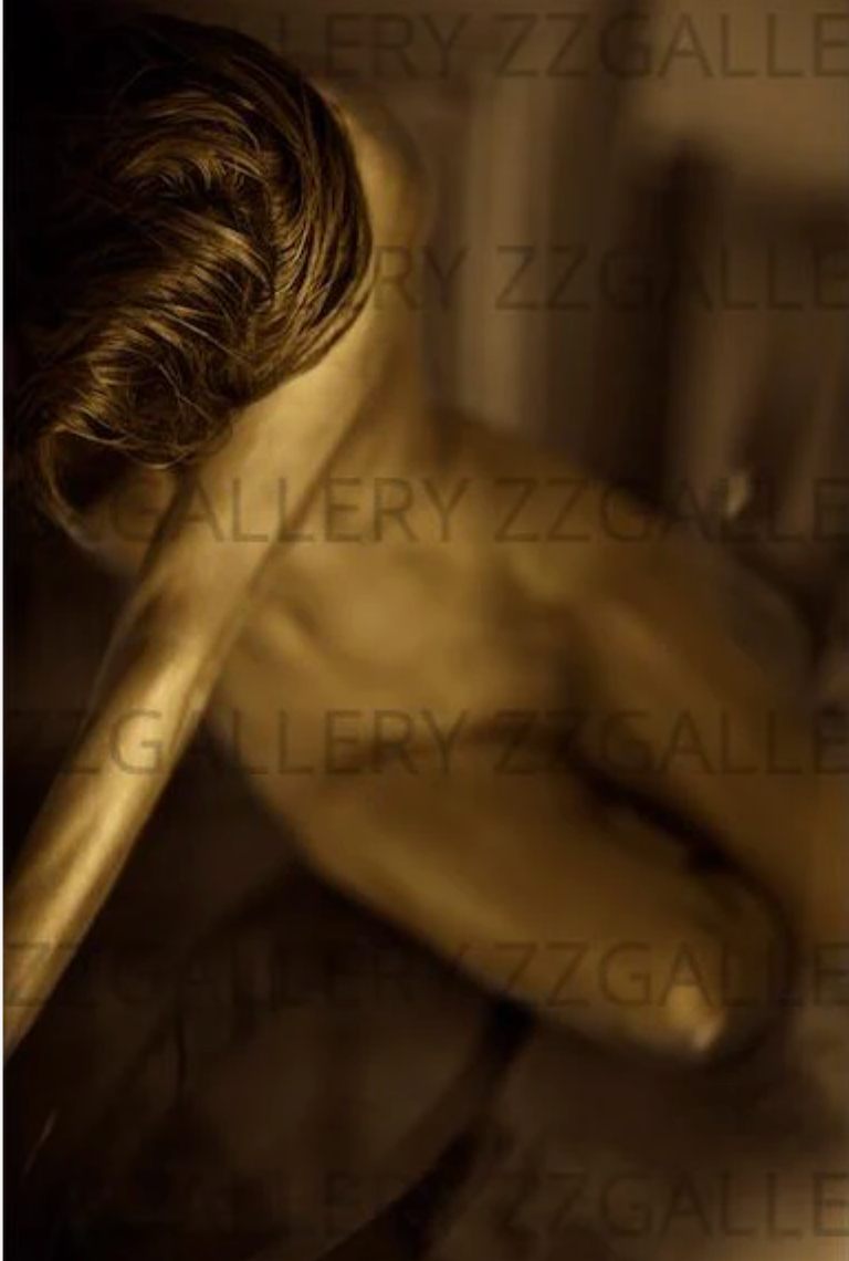 Golden female nude diptych with flowing hair, luxury erotic fine art wall photography, Saatchi-style, Singulart-style, Artsy, 1stDibs, Etsy collectible art.