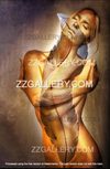 Golden nude woman with superimposed feather – sensual feminine wall art