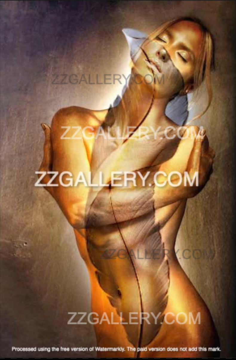 Golden nude woman with feather overlay – luxury feminine wall art