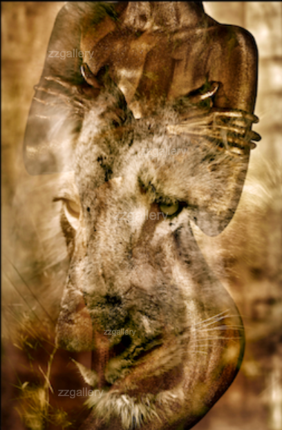 Golden-painted nude female figure blended with the face of a lion, symbolic fine art photography representing divine feminine power and animal spirit connection.