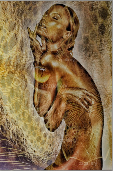 Golden-painted nude female artwork with leopard skin patterns and mystical textures, displayed above a low bed in a modern bedroom with green walls.