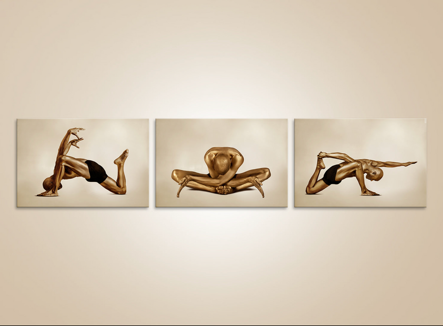 Golden nude yoga triptych wall art – luxury fine art photography for wellness and meditation spaces