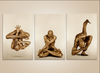 Golden nude triptych featuring yoga poses – luxury fine art wall decor for meditation and wellness spaces.