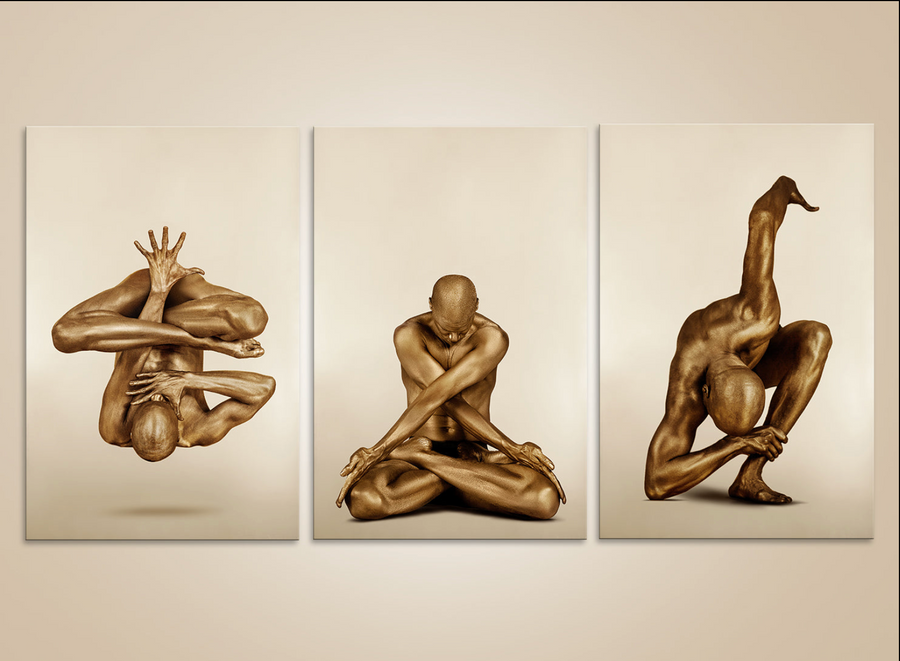 Golden nude triptych featuring yoga poses – luxury fine art wall decor for meditation and wellness spaces.