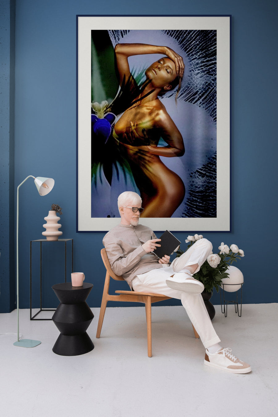 Floral-inspired golden body art photography of a female figure, contemporary fine art print for luxury interiors, spas, and meditation spaces.