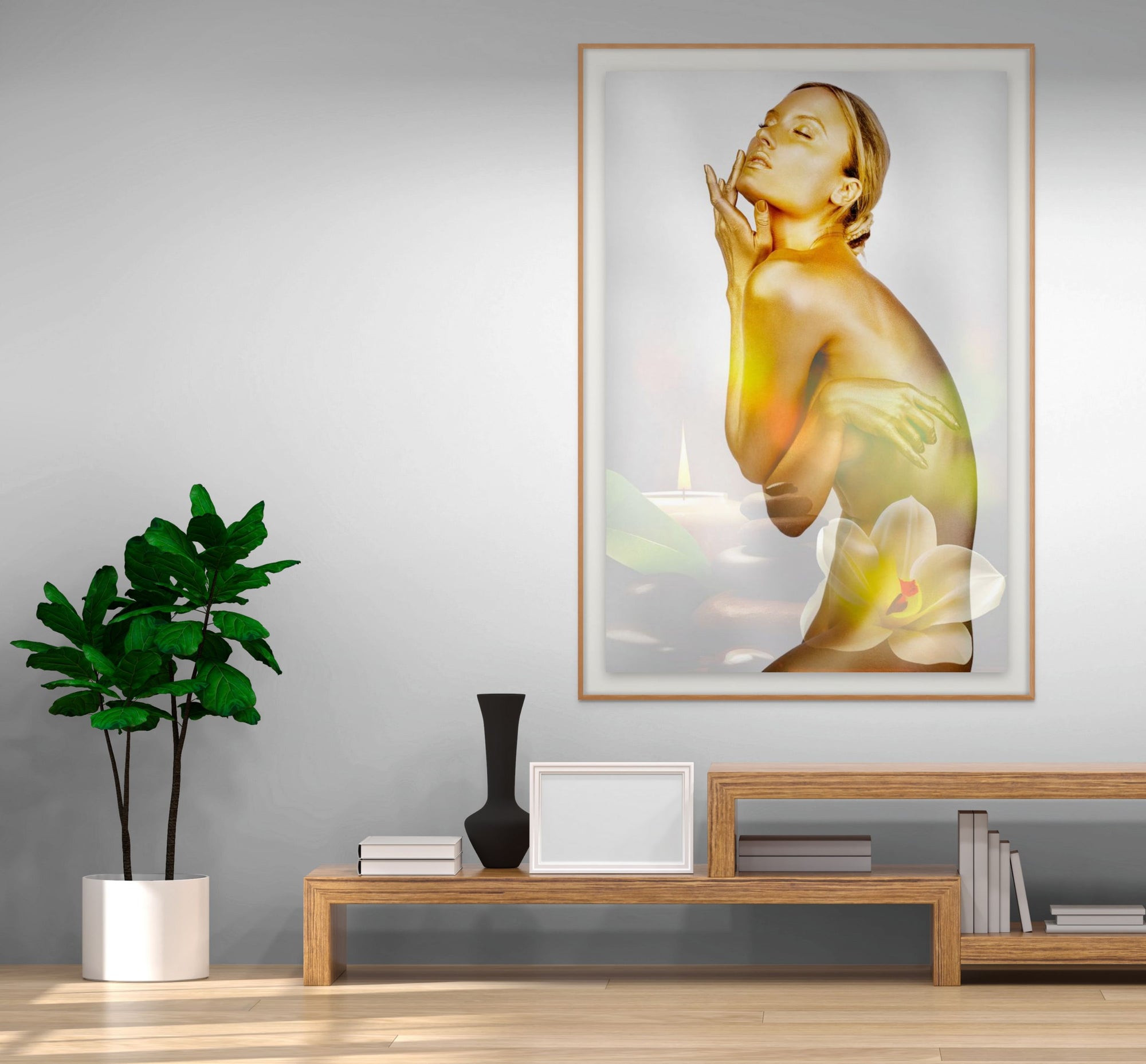 Golden nude woman with orchid overlay – fine art photography blending sensuality, serenity, and spa-inspired luxury décor by Zack Zublena.