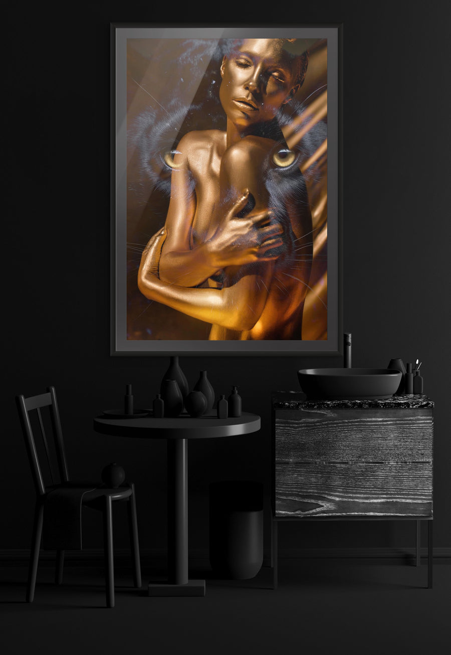 Golden surreal artwork blending a metallic gold silhouette with the presence of a black panther, a fine art wall decor piece uniting mysticism, luxury, and power.