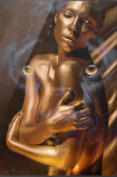 Golden-painted silhouette posed in serene reflection with eyes closed, merged with the gaze of a black panther, mystical feline fine art photography by Zack Zublena.