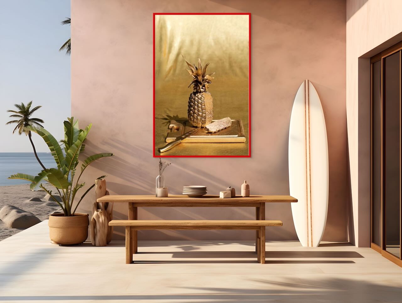 Golden pineapple decorative artwork displayed in a modern beach house dining area with surfboard, palm plants, and ocean view, luxury coastal wall art by Zack Zublena.