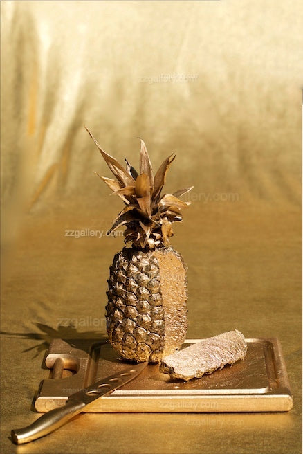 Golden pineapple sliced on tray with knife, luxury fine art food photography for kitchens, restaurants, hotels, cafés, and gourmet interiors.