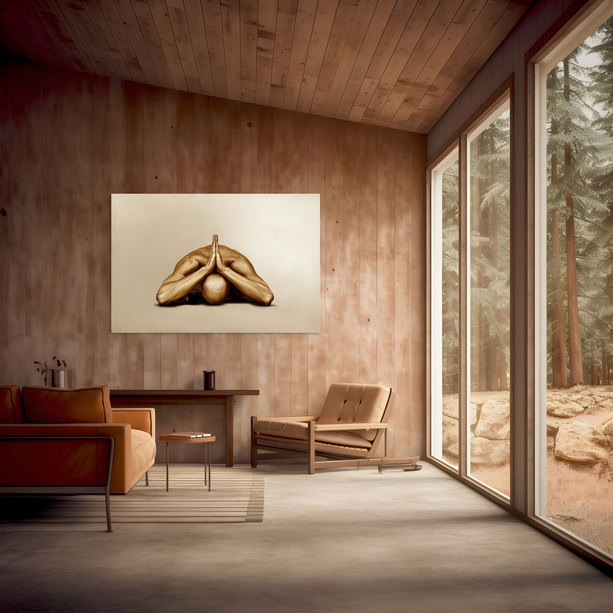 Gold-painted figure in a forward prayer yoga pose, wall art in a cozy wooden cabin interior.