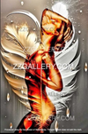 Golden red feminine figure with angel wings and white feathers in radiant spiritual light