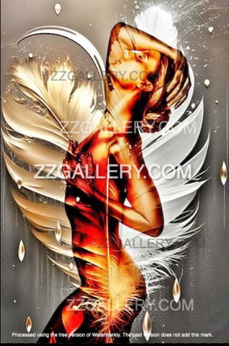Golden-painted female figure with white angel wings in radiant spiritual light