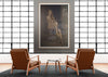 Golden Reflection fine art photography displayed above a modern bedroom bed, featuring a golden-painted abstract female figure blurred through glass for an ethereal, sensual effect.