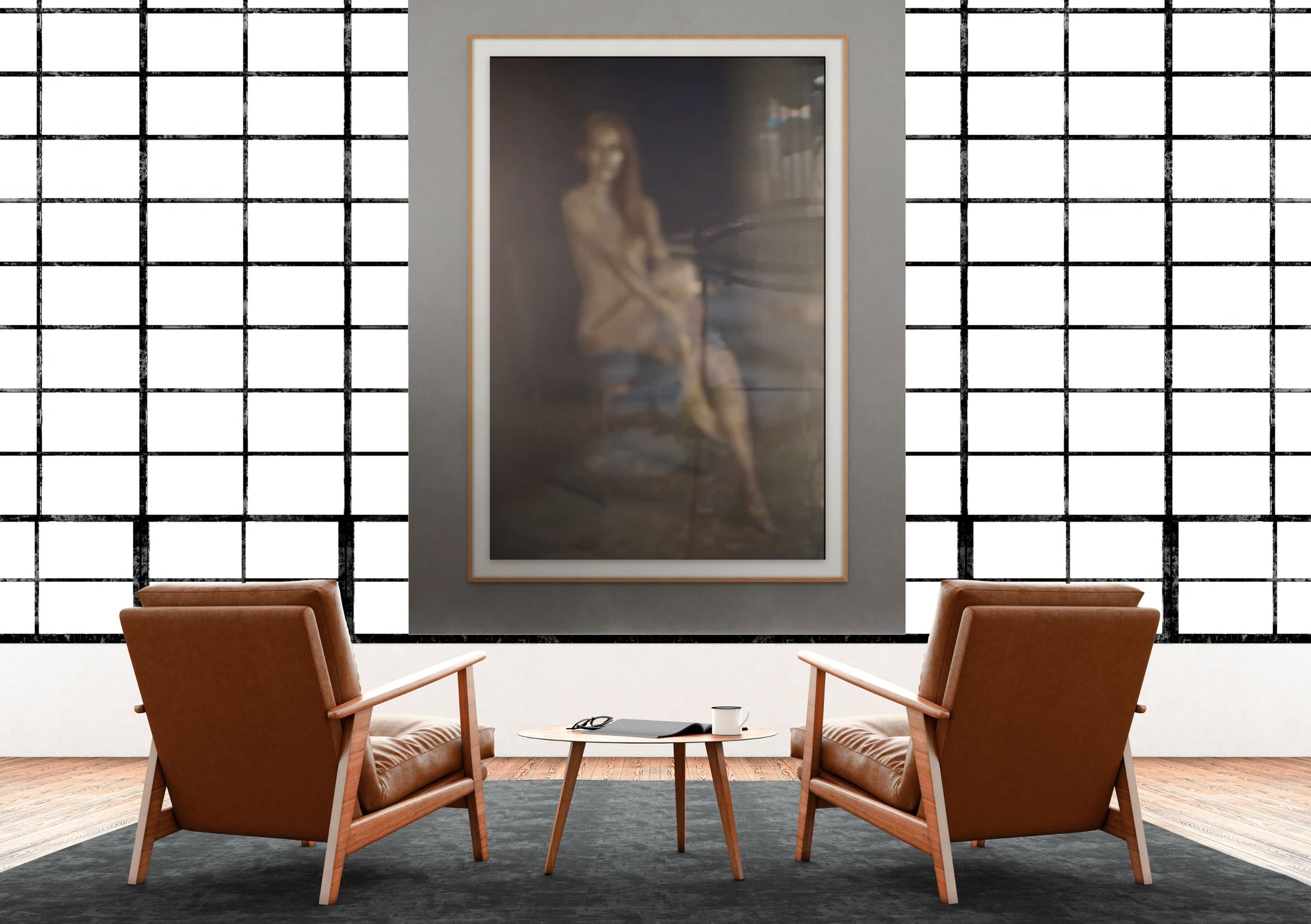 Golden Reflection fine art photography displayed above a modern bedroom bed, featuring a golden-painted abstract feminine figure blurred through glass for an ethereal, atmospheric effect.