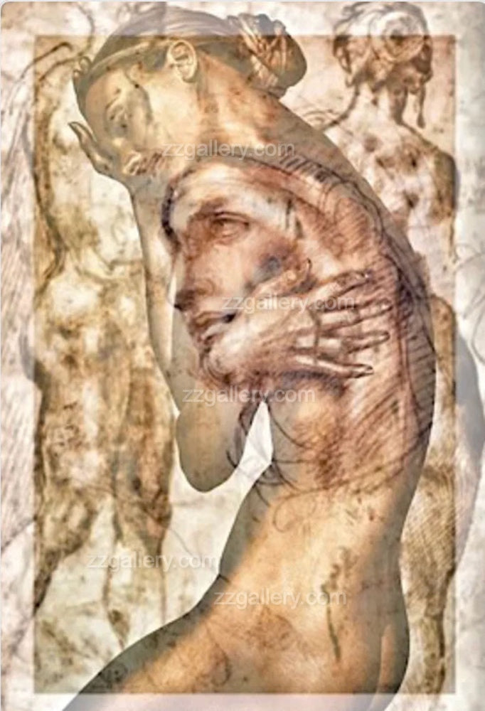 Layered fine art image of a golden-painted female nude overlaid with Renaissance anatomical sketches – ethereal and introspective wall art composition