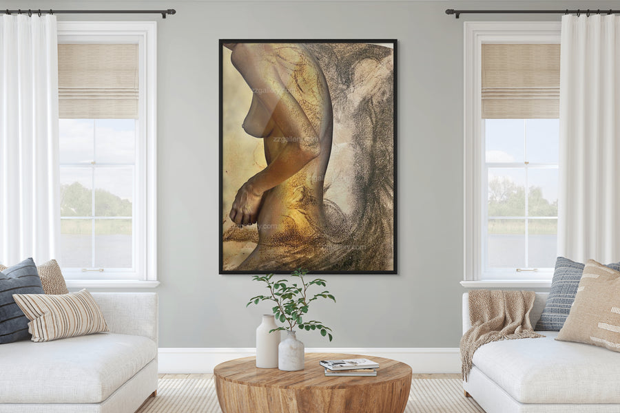 Golden Reverence – Italian Renaissance inspired gold figure wall art by Zack Zublena, fine art photography with ochre textures.