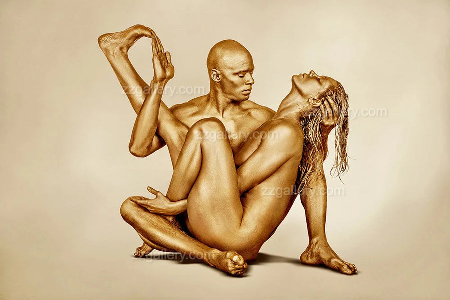 Golden-painted man and woman in sacred yoga union pose, luxury fine art photography for hotels, spas, and collectors